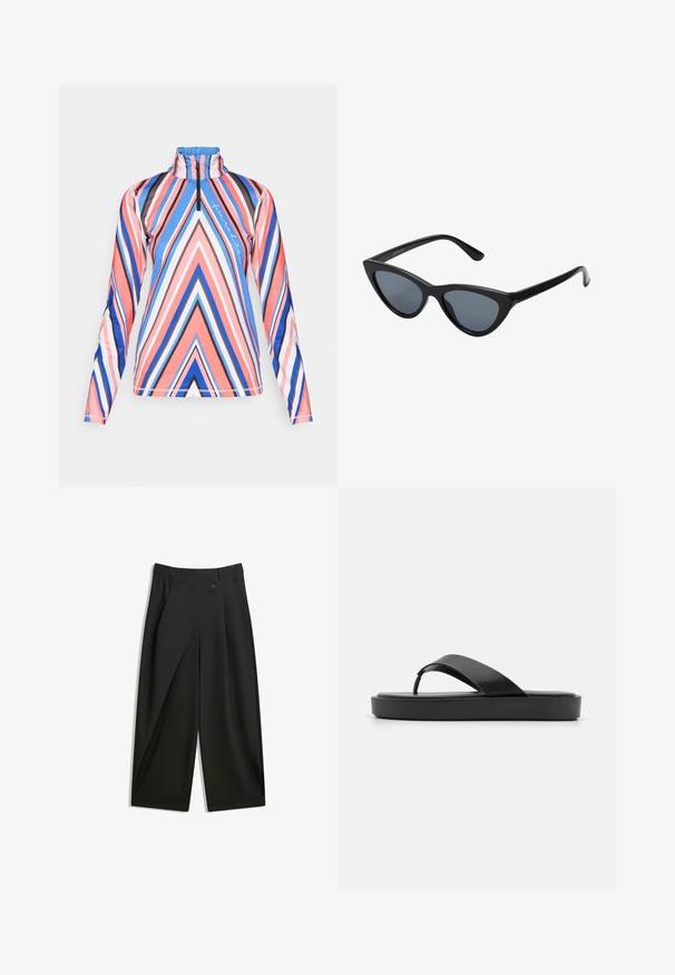 Dugi rukav s polu-zipom u svijetlo ružičastim, plavim i crnim geometrijskim prugama, s visokim ovratnikom i mekim, rastezljivim materijalom.; Crne široke hlače od glatkog materijala. Imaju prednji plis, zatvaranje na dugme i krojeni pojas za uski fit.; Crne japanke s glatkom gornjom trakom i teksturiranim potplatima. Minimalistički dizajn s niskim profilom.; Crne mačke naočale sa tamnosivim lećama, elegantan plastični okvir, šiljati uglovi i ravne drške. Bez vidljivih metalnih dijelova ili detalja.; Prirodna tkana torba od trske s teksturiranom površinom, velikim otvorenim vrhom, zakrivljenim oblikom i tamnom kožnom naramenicom. Ima crni akcent na dnu.