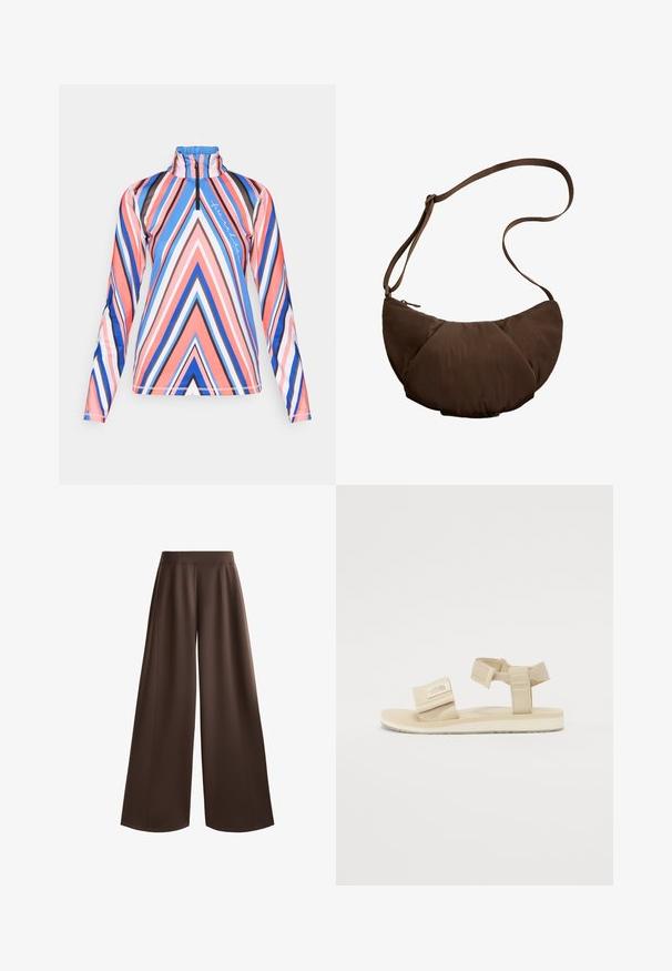 Langärmliges Top mit halbem Reißverschluss in leuchtendem Pink, Blau und schwarzen geometrischen Streifen, mit hohem Kragen und weichem, dehnbarem Stoff.; Weite Hosen in einem einfarbigen Dunkelbraun, mit einer glatten Textur, hoher Taille und vorderen Falten für zusätzliche Design-Details.; Beige Sandalen mit strukturiertem Fußbett, verstellbaren Stoffriemen und einem Logo-Patch am Riemen. Leichtes Design und flache Sohle.; Braune, gepolsterte Schultertasche mit geschwungener Form, ausgestattet mit einem Reißverschluss und einem verstellbaren Gurt für vielseitige Trageoptionen.