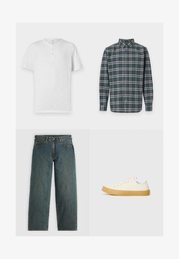 White short-sleeve henley t-shirt with three-button placket, made of lightweight, slightly textured fabric. Round neckline, casual fit.; Green flannel shirt with a plaid pattern featuring blue, white, and mustard yellow lines. Buttoned front and pointed collar. Long sleeves.; Dark blue straight-leg denim jeans with a button and zipper closure, front pockets, and belt loops on a light gray background.; Canvas sneakers in off-white with a round toe, featuring beige rubber soles and five eyelets for laces, textured finish on the upper.