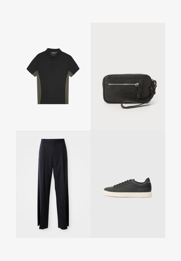 Μαύρο πόλο μπλουζάκι με ελικοπράσινες πλαϊνές ρίγες, κοντά μανίκια, τριπλή κουμπότρυπα και λογότυπο της μάρκας στο μανίκι. Λείο υφασματικό υλικό.; Μαύρο παντελόνι ψηλόμεσο με φαρδιά γραμμή, κατασκευασμένο από απαλό ύφασμα. Διαθέτει πιέτες εμπρός και θηλιές ζώνης. Μινιμαλιστικός σχεδιασμός, χωρίς ορατά αξεσουάρ.; Μαύρο δερμάτινο αθλητικό παπούτσι με χαμηλό προφίλ, στρογγυλή μύτη και κλείσιμο με κορδόνια. Διαθέτει υφή ελαστική σόλα και λεπτομέρεια λογότυπου στη φτέρνα.; Μαύρη δερμάτινη τσάντα φάκελος με υφή, μπροστινή τσέπη με φερμουάρ και αποσπώμενη θηλιά στον καρπό. Διαθέτει λογότυπο μπροστά. Ορθογώνιο σχήμα.