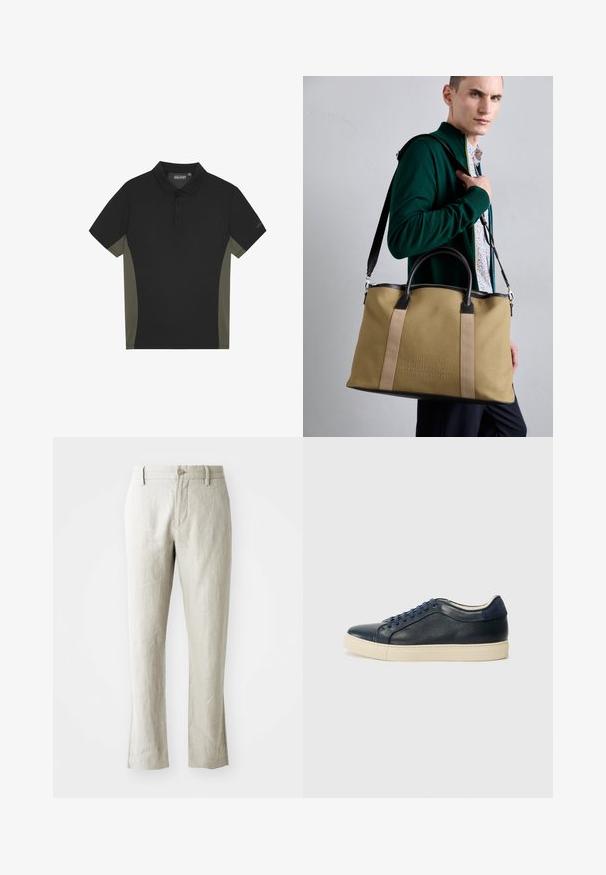Musta polo-paita, jossa on oliivinvihreät sivupaneelit, lyhyet hihat, kolmonen napitus ja brändilogo hihassa. Sujuva kangastuntuma.; Vaaleanbeige pellavahousut suoran leikkauksen, hienovaraisen tekstuurin, etunappikiinnityksen ja kahden sivutaskun kanssa. Muotoiltu siistin siluetin saavuttamiseksi.; Tummansininen nahkasneakeri, jossa on vaaleanruskea kumipohja, siniset nauhat ja sileä pinta. Pyöreä kärki ja minimalistinen muotoilu.; Kangasvetokassi vaaleassa väritössä, tummilla nahkaaksenteilla, kaksilla kahvoilla ja irrotettavalla olkahihnalla; kohopainettu logo etuosassa.