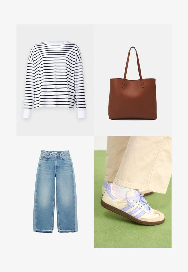 Abercrombie & Fitch Top s dlouhým rukávem - dark blue/white; Světle modré džínové kalhoty širokého střihu, vyrobené z denimu, s vysokým pasem, zapínáním na knoflík, předními kapsami a surovým lemem.; Krémové a levandulové tenisky se třemi pruhy a texturovanou hnědou podrážkou, vybavené tkaničkami a polstrovanou patou. Měkký textilní svršek.; Hnědá kožená taška přes rameno s hladkou texturou, otevřeným designem a dvěma ramenními popruhy. Obsahuje minimální švy a žádné viditelné kovové prvky.