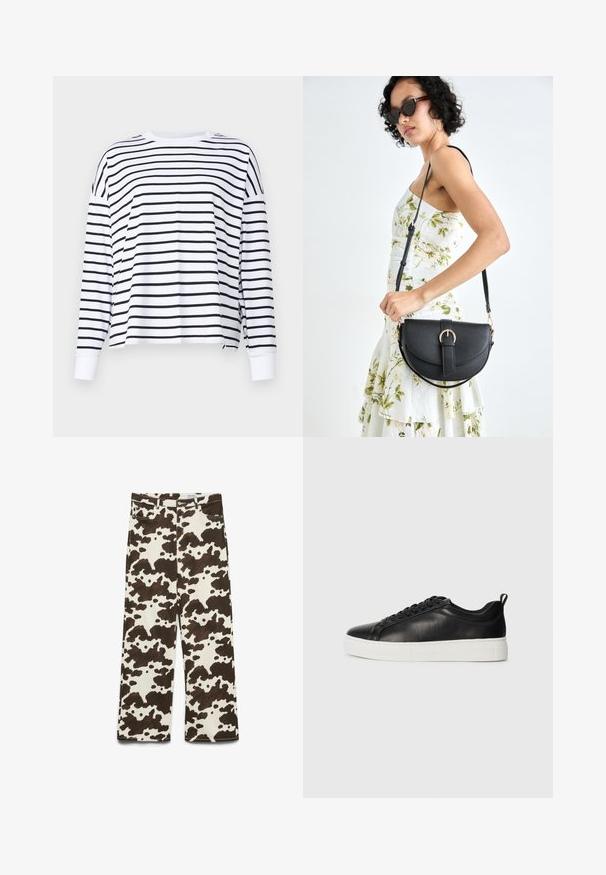 Abercrombie & Fitch Pikkade varrukatega topp - dark blue/white; Puuvillased laiad püksid, millel on pruun ja kreemjas lehmade trükk, viie taskuga disain ja nööpidega kinnitamine vööl.; Mustad mustad nahast tossud mustade paeltega ja valge paksu kummitaldaga, vaadatuna välimisest küljest valgel taustal.; Mustmust mustraha kõverate joontega, eemaldatava rihmaga ja kuldsete detailidega. Kotil on klapp, millel on pandladetail.