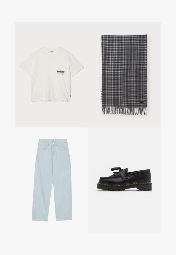 Pompeii BOXY TEE - Μπλουζάκι με στάμπα - off-white; Ανοιχτό μπλε, φαρδιά τζιν παντέλονια από ντένιμ, μεσαίας ψηλότητας μέση, πέντε τσέπες και κουμπί κλεισίματος με λεπτή μεταλλική λεπτομέρεια.; Μαύρο δερμάτινο loafer με τασέλ καφέ, με χοντρή μαύρη σόλα και κίτρινη ραφή στην άκρη. Υφή με υλικό texture.; Πλεκτό κασκόλ από μαλλί σε σκούρο ναυτικό και κρεμ καρό, με φ fringes στα άκρα και μια μικρή μαύρη ετικέτα. Μαλακή υφή με ορθογώνιο σχήμα.