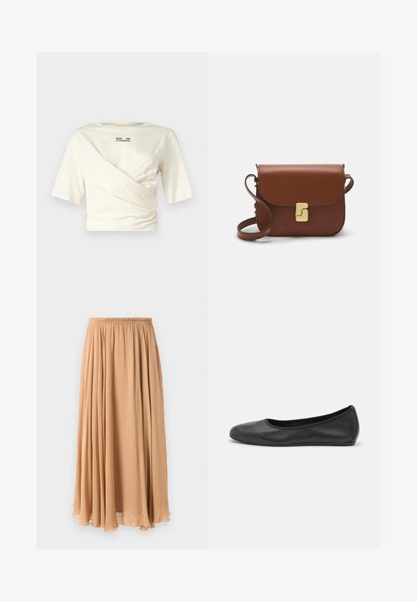 Top curto de manga curta em creme com design drapeado, apresentando um decote redondo e impressão do logotipo preto visível nas costas. Textura de tecido suave.; Saias maxi em bege claro, feitas de tecido leve. Apresenta um cós elástico franzido e pregas suaves para maior movimento.; Bailarina preta em pele com bico arredondado, textura suave, detalhe de costura minimalista e design de sola flexível.; Bolsa de couro castanho com fecho de aba, decoração em tom dourado, alça de ombro e textura suave. Formato retangular compacto.