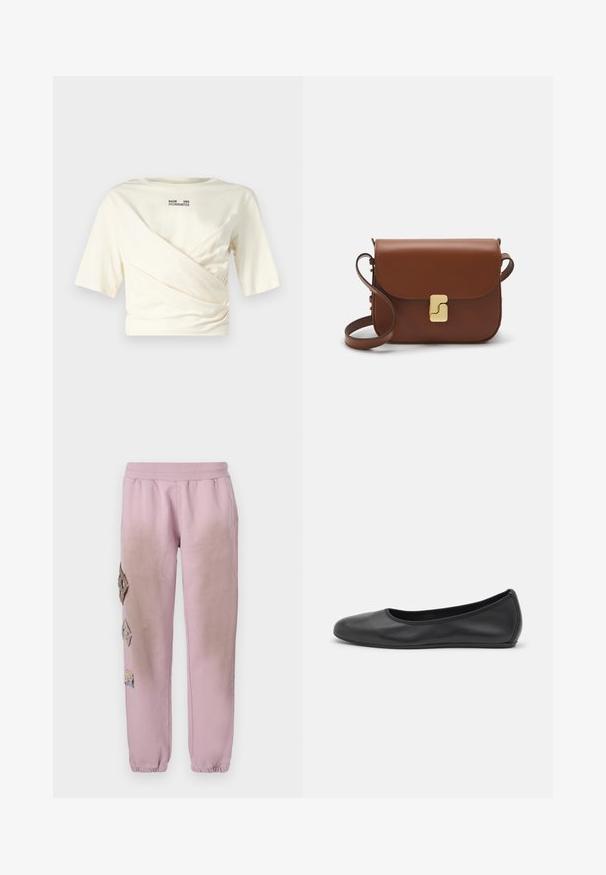 Cream short-sleeve top with a draped design, featuring a round neckline and visible black logo print on the back. Soft fabric texture.; Pink sweatpants with an elastic waistband, featuring decorative patches in diamond shapes on the left side and elastic cuffs at the ankles.; Black leather ballet flat with a rounded toe, smooth texture, minimal stitching detail, and a flexible sole design.; Brown leather handbag with a flap closure, gold-tone hardware, a shoulder strap, and a smooth texture. Compact rectangular shape.