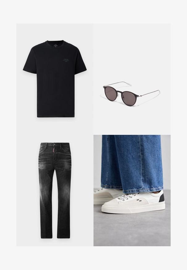 Čierne bavlnené tričko s okrúhlym výstrihom, krátkymi rukávmi a malým, tónovým logom Armani Exchange na hrudníku. Jednoduchý, klasický dizajn.; Čierne denimové džínsy so štandardným strihom. Obsahujú vyblednuté oblasti, drobné opotrebenie, klasický dizajn s piatimi vreckami a zapínanie na gombík.; Biele a čierne tenisky s hladkým koženým zvrškom, štruktúrovanými akcentmi a masívnou bielou podrážkou. Obsahujú klasický dizajn so šnurovaním.; Čierne okrúhle slnečné okuliare s tmavými sklami a tenkými kovovými ramenami. Obsahujú priehľadné konce rámov a strieborné akcenty na pántoch. Minimalistický dizajn.
