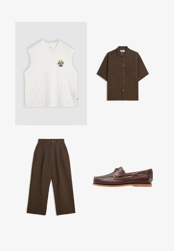 Vit ärmlös bomullströja med en färgglad kaktusgrafik och "Levi's"-logotyp på framsidan. Ren, enkel design med en avslappnad passform.; Kortärmad, mörkbrun skjorta gjord av texturerad tyg. Har en knapp-för-upp-front och två bröstfickor. Avslappnad design med en ledig passform.; Bruna veckade byxor med en vid bendesign, med knappstängning och sidofickor, tillverkade av textil med struktur som passar för avslappnad användning.; Bruna läderskärgårdsskor med vit sömnad, bruna snören och en tan gummisula. Har en logotyp på sidan och metallöglor för snörena.