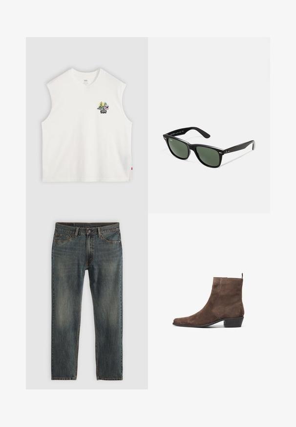 Bijela bezrukavna pamučna majica s grafikom šarenog kaktusa i "Levi's" logotipom sprijeda. Čist, jednostavan dizajn s opuštenim krojem.; Plave traperice s ravnim nogavicama, u klasičnom stilu s pet džepova, naglašenim šavovima i blago izblijedjelim završetkom.; Smeđe zimske čizme od suede s izoštrenim vrhom, niskom blok petom i petnim uvučenim dijelom za lakše obuvanje. Glatka tekstura i jednostavan dizajn.; Crne plastične sunčane naočale s zelenim staklima, kvadratni okviri, srebrni naglasak na obrvi i teksturirane ručke. Naziv brenda naveden na unutrašnjoj strani ručke.
