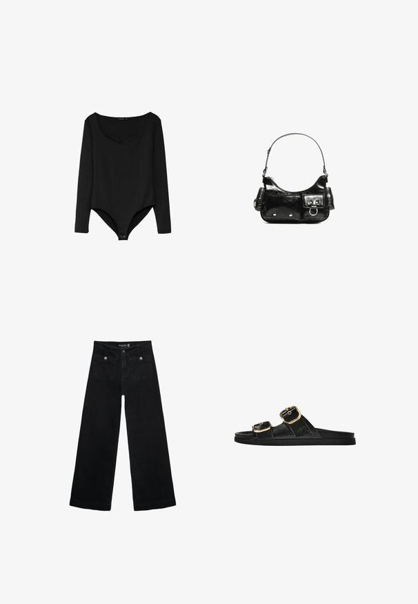 Stradivarius MIT HERZAUSSCHNITT - Majica z dolgimi rokavi - black; Črne široke kavbojke z visokim pasom, ki imajo dva sprednja žepa in kovinske gumbi. Tkanina ima gladko teksturo.; Črne drsne sandale z dvema zlatima zaponkama, gladkega materiala, ravnim podplatom in minimalističnim dizajnom.; Črna lakasta usnjena torbica s ukrivljeno obliko, enim ramenskim trakom, sprednjimi žepi in srebrnimi kovinskimi dodatki.