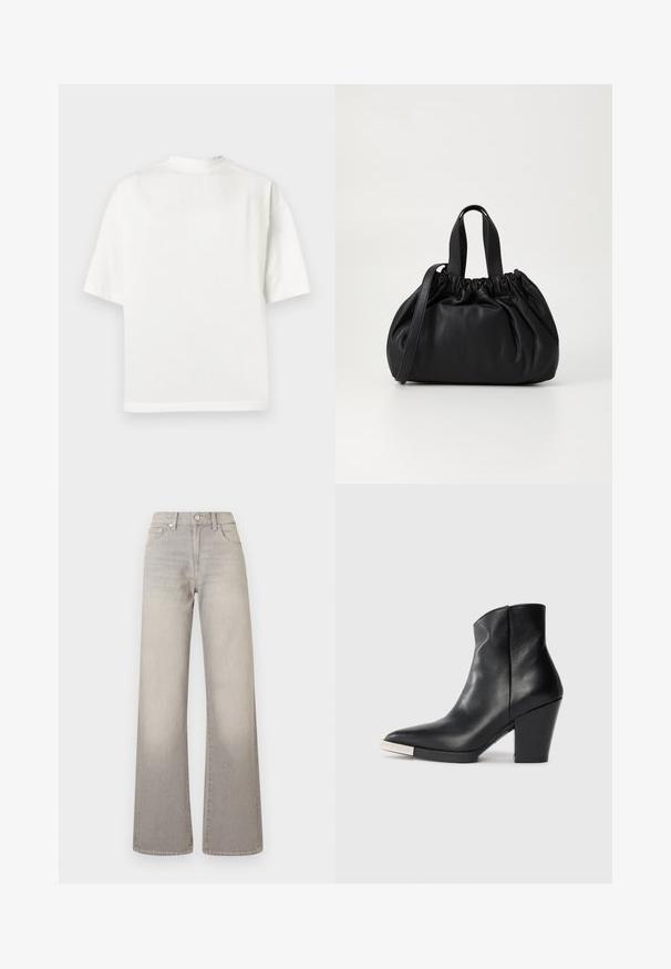 Valge puuvillane T-särk lühikeste varrukatega, ümmarguse kaelusega ja lõdva lõikega. Sile tekstuur, lihtne disain ning ilma nähtavate mustrite või aktsentideta.; Hallide lai püksid hallis toonis, kahvatu viimistlusega, nööbiga kinnitamine, viie tasku disain ja õmbluste äärtes kaunistus.; Must mustaankle saapad terava nina, kõrge plokknina ja hõbedane varbakattega detail. Sile tekstuur ja lihtne disain.; Mustmust mustkott mustrihmaga ülaosa disainiga, millel on kaks lühikest käepidet ja pikk reguleeritav rihm. Sile tekstuur, ümar kuju.