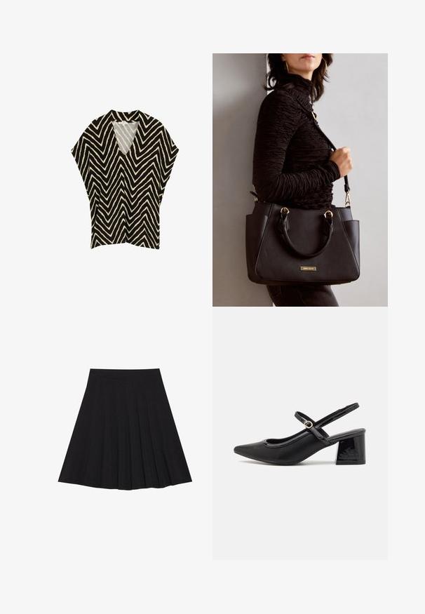 Schwarzes und cremefarbenes Oberteil mit Chevron-Muster, V-Ausschnitt, kurzen Ärmeln und lässiger Passform. Aus leichtem, strukturiertem Stoff gefertigt.; Schwarzer, plissierter Rock aus strukturiertem Stoff mit einem taillierten Bund. Fällt knielang und hat eine glatte, klare Silhouette.; Schwarze Lackleder-Slingback-Absätze mit spitzer Zehenform, einem runden Ausschnitt-Design und einem Blockabsatz. Mit einem goldfarbenen Schnallenakzent.; Schwarze Handtasche mit strukturierten Oberflächen, doppelten Obergriffen und verstellbarem Schultergurt. Mit goldfarbener Hardware und Seitentaschen.