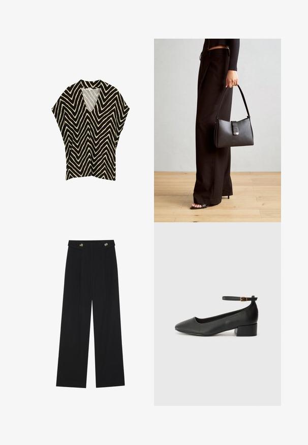 Zwarte en crèmekleurige top met een chevronpatroon, een V-hals, korte mouwen en een ontspannen pasvorm. Gemaakt van lichte, gestructureerde stof.; Zwarte wijde broek met hoge taille, knoopdetails op de tailleband en plooien aan de voorkant.; Zwarte leren pump met een spitse neus en een lage blokhak. Beschikt over een enkelband met een goudkleurige gespsluiting. Gladde textuur.; Zwarte handtas met gestructureerde vorm, gladde textuur en een metalen sluiting. Gecombineerd met brede zwarte broeken en sandalen met open teen op een houten vloer.