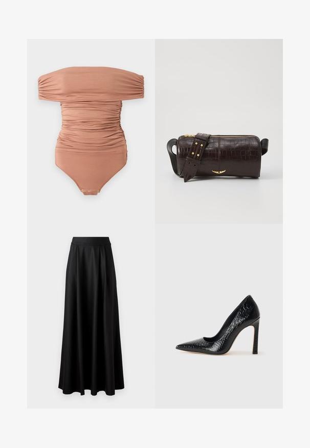 Õlgadelt avatud, kokku volditud bodysuit tuhmpruunis, valmistatud siledast kangast; sisaldab klõpsuga sulgemist allosas ja kehakujulist disaini.; Mustmust pikk, must seelik, millel on sile tekstuur, lai vöökoht ja volditud disain, ilma nähtavate mustrite või kaunistusteta.; Mustan teravaotsaga kõrge kontsaga king, millel on krokodillimustriga tekstuur, stiilne disain, kõrge stilettokonts ja sile must sisesisustus.; Pruunist krokodillimustrist nahast kott, millel on silindri kuju, kuldse tooni metalldetailid ja eemaldatav rihm, kus on nupud.