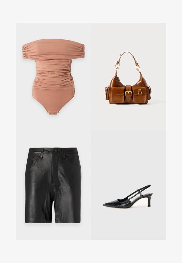 Plecu atsegts, ručīts bodijs maigā brūnā krāsā, izgatavots no gludas auduma; aprīkots ar snap aizdari apakšā un pieguļošu dizainu.; Melnas ādas šorti ar gludu tekstūru, aprīkoti ar priekšējo rāvējslēdzēju, pogu aizdari un klasisko piecu kabatu dizainu.; Melna patent āda ar slīdošo papēdi un smailo purngalu, ar teksturētu čūsku drukājumu, regulējamu siksniņu un īsu teksturētu blokpapēdi.; Brūna ādas rokassoma ar izliekta formu, diviem zelta toniem, divām priekšējām kabatām un platu siksnu. Gluda tekstūra ar elegantu apdari.