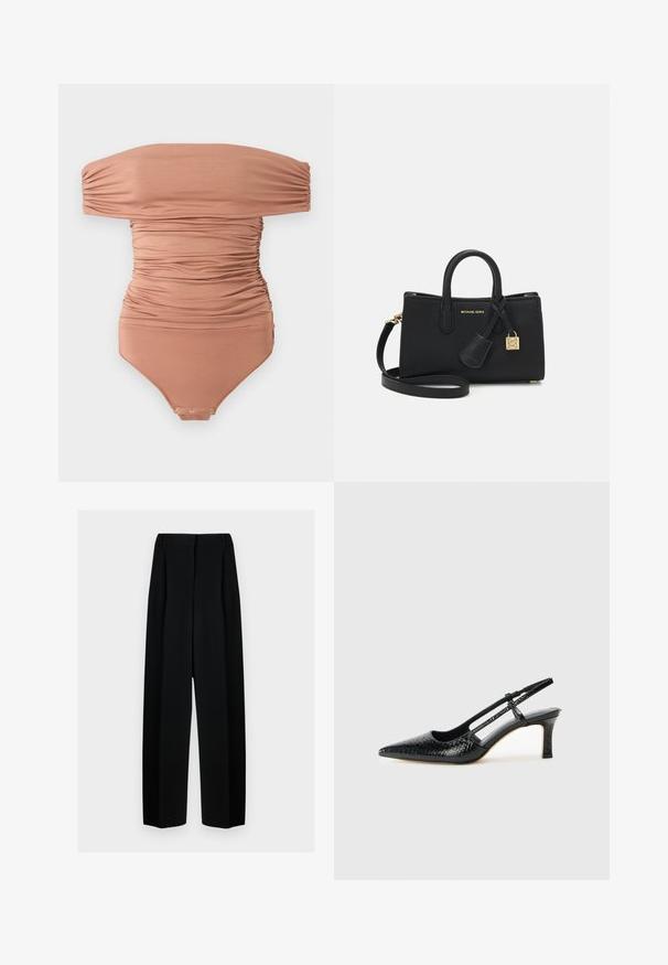 Schulterfreies, gerafftes Bodysuit in gedämpftem Braun, aus glattem Stoff; verfügt über einen Druckknopfverschluss im Schritt und ein figurbetontes Design.; Schwarze weit geschnittene Hosen mit hoher Taille, die Falten und eine glatte Textur aufweisen. Der Stoff wirkt leicht und fällt elegant.; Schwarze Lack-Slingback-Pumps mit spitzem Zehenbereich, versehen mit strukturiertem Schlangenprint, verstellbarem Riemen und einem kurzen, strukturierten Blockabsatz.; Schwarze Lederhandtasche mit strukturiertem Design, oberen Griffen und abnehmbarem Schultergurt. Mit goldfarbenen Beschlägen und einem Logo-Anhänger.