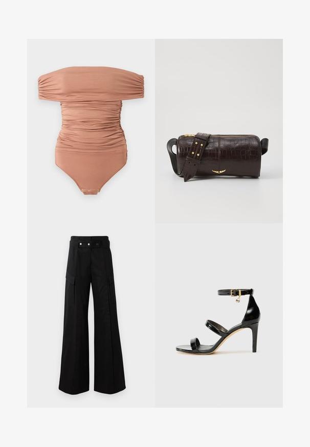 Off-the-shoulder, ruched bodysuit in muted brown, made of smooth fabric; features snap closure at the bottom and a form-fitting design.; Black wide-leg pants with a high waistband, featuring large side pockets, two front buttons, and a loop detail. Made from sturdy fabric.; Black patent leather sandal with three straps, ankle buckle, and 4-inch stiletto heel. Features gold hardware detail and logo charm.; Brown crocodile-embossed leather bag with a cylindrical shape, gold-tone hardware, and a detachable strap featuring studs.