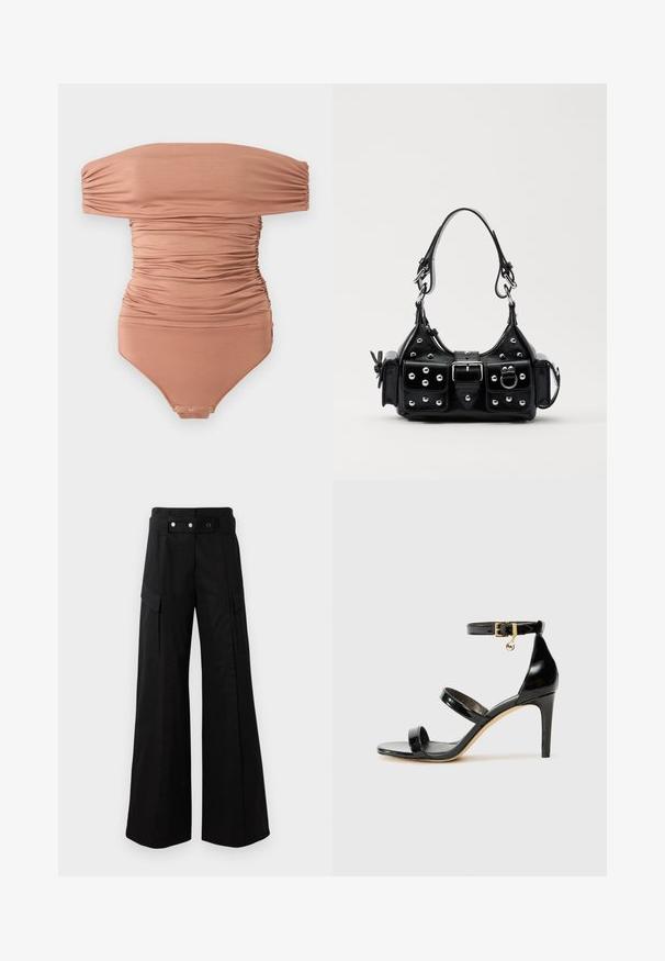 Off-the-shoulder, ruched bodysuit in muted brown, made of smooth fabric; features snap closure at the bottom and a form-fitting design.; Black wide-leg pants with a high waistband, featuring large side pockets, two front buttons, and a loop detail. Made from sturdy fabric.; Black patent leather sandal with three straps, ankle buckle, and 4-inch stiletto heel. Features gold hardware detail and logo charm.; Black leather handbag with a curved design, featuring silver studs, a buckle, and two side pockets. Adjustable strap for carrying options.