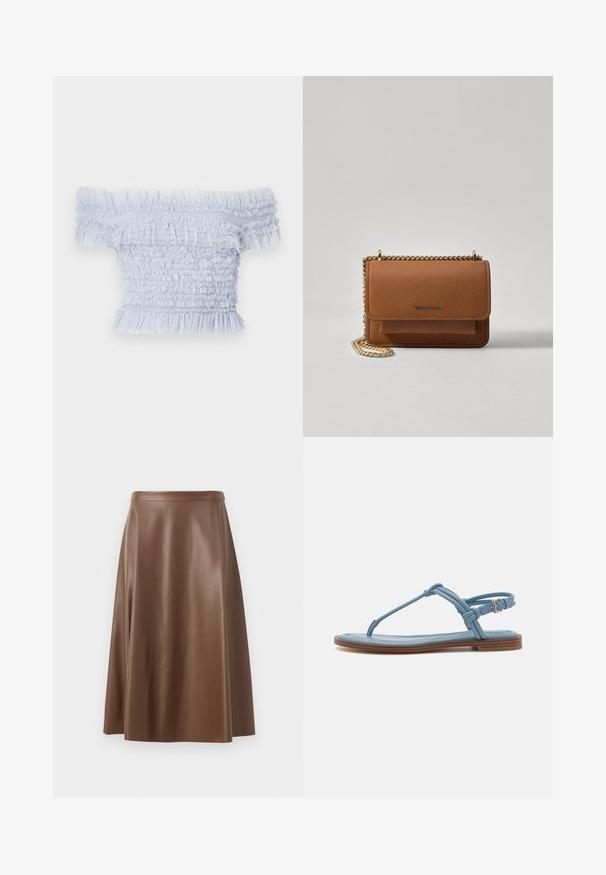 Světle modrý top bez ramínek vyrobený z nařasené látky, s volánkovými okraji a texturovaným designem s jemnými a delikátními akcenty.; Hnědá kožená áčková sukně s hladkým povrchem a střední délkou. Má přiléhavý pas a mírné zvonění od boků.; Modré kožené žabky s plochou podrážkou, které mají štíhlý design popruhů a sponu na kotníku pro bezpečné upevnění.; Hnědá texturovaná kožená kabelka přes rameno se zlatým řetízkovým popruhem a klopnovým uzavíráním. Přední strana obsahuje detail loga a kapsu pod klopou.