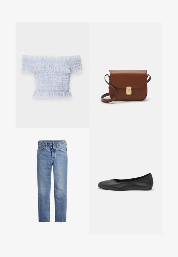 Világoskék, vállról lelógó felső, smocked anyagból készült, fodros szélekkel és texturált mintázattal, lágy, finom részletekkel.; Világoskék farmernadrág egyenes szabással, öt zsebes dizájnnal és gombos nyereggel. Finom kopásokkal és narancssárga varrási részletekkel rendelkezik.; Fekete bőr balettcipő lekerekített orral, sima tekstúrával, minimális varrással és rugalmas talp kialakítással.; Barna bőr kézitáska, hajtókás zárással, arany színű fém kiegészítőkkel, vállpánttal és sima felülettel. Kompakt téglalap alakú.
