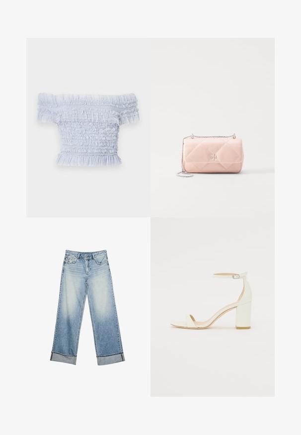 Svetlo modrý top bez ramienok vyrobený z naťahovacej látky, s volánovými okrajmi a textúrovaným dizajnom s jemnými, delikátnymi akcentmi.; Svetlomodré riflové nohavice s voľným strihom a vyblednutým povrchom, so zapínaním na gombík, pútkami na opasok a srolovanými manžetami. Viditeľné dve predné vrecká.; Biele kožené sandále na blokovom podpätku s remienkom okolo členku a minimalistickým dizajnom. Otvorená špička a hladké textúry po celom povrchu.; Prešívaná ružová kožená taška so strieborným reťazovým ramienkom, s akcentom loga, zaobleným tvarom a hladkým povrchom. Vhodná na rôzne príležitosti.
