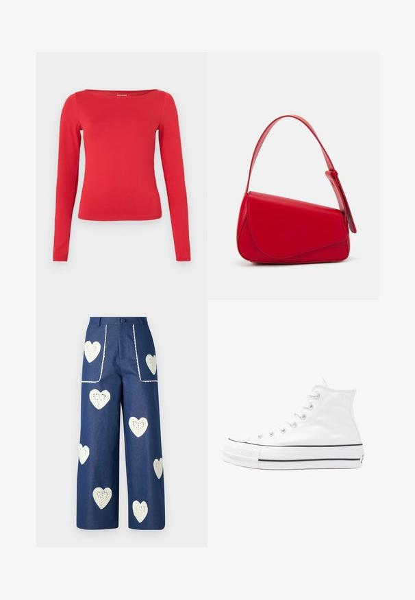 Punainen pitkähihainen paita, jossa venepäinen pääntie, istuva malli ja sileä kangas. Valmistettu joustavasta materiaalista mukavuutta ja liikkumisen helppoutta varten.; Sister Jane HEART TO HEART - Straight leg -farkut - blue denim; Valkoiset korkeavartiset kangaskengät mustalla kumipohjalla, edessä kuminen varvasosa ja kuusi nauha-aukkoa, puhtaan minimalistisella muotoilulla.; Punainen nahkalaukku, jossa on kulmikas, geometrinen muotoilu. Varustettu yhdellä säädettävällä hihnalla ja läpällä, jossa on ommeltu yksityiskohtia.