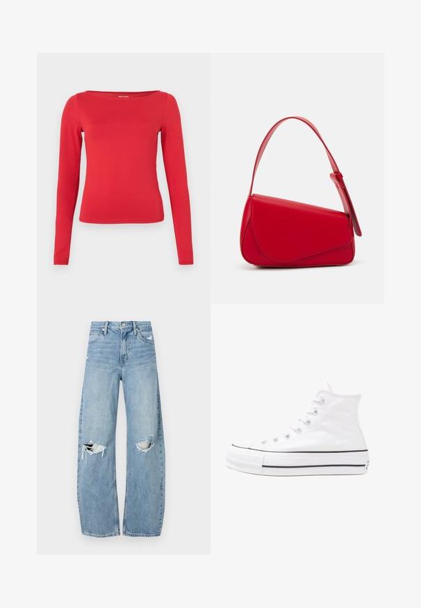 Červený top s dlouhým rukávem, lodičkovým výstřihem, přiléhavým střihem a hladkou texturou. Vyrobený z elastické látky pro pohodlí a volnost pohybu.; Světle modré džíny s vysokým pasem vyrobené z denimu. Mají široké nohavice, dvě roztržené oblasti na kolenou a klasický pětikapsový střih.; Bílé vysoké plátěné tenisky s černou gumovou podrážkou, přední gumovou špičkou a šesti očky na tkaničky, se čistým, minimalistickým designem.; Červená kožená kabelka s ostrým, geometrickým designem. Má jeden nastavitelný popruh a klopu s prošívanými detaily.
