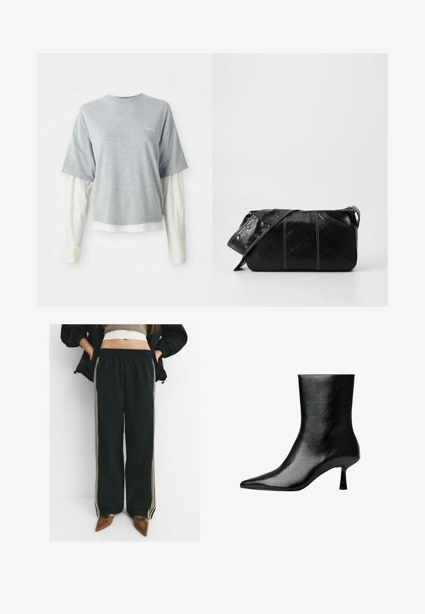 Sivý tričko s krátkym rukávom vrstvené nad bielou košeľou s dlhým rukávom, obidve z jemnej bavlny. Obsahuje malé logo na hrudi.; Čierne, voľné joggingové nohavice s elastickým pásom a bočnými vreckami, zdobené kontrastnými svetlobéžovými prúžkami pozdĺž nohavíc.; Čierne členkové topánky vyrobené z lesklej kože s ostrou špičkou a štíhlým podpätkom, s hladkou textúrou a minimalistickým dizajnom.; Čierna kožená kabelka cez plece so zipsovým uzáverom, so štruktúrovaným telom, bielym prešívaním a popruhom so striebornými očkami.