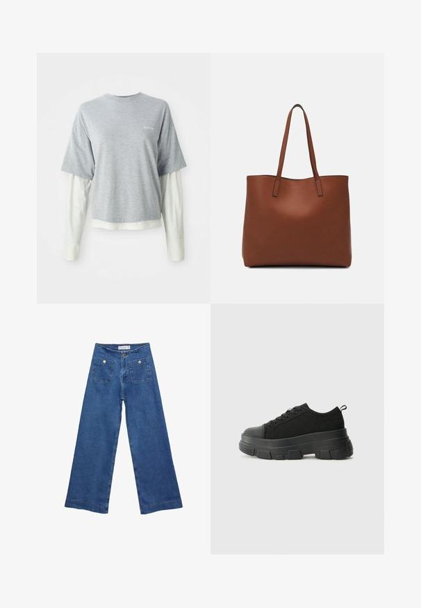 Sivý tričko s krátkym rukávom vrstvené nad bielou košeľou s dlhým rukávom, obidve z jemnej bavlny. Obsahuje malé logo na hrudi.; Džínsy s širokými nohavicami v stredne modrej farbe, s dvoma prednými vreckami na gombíkovné zapínanie a šitými detailmi pozdĺž lemov.; Čierne tenisky s masívnou gumovou podrážkou, textúrovaným textilným zvrškom, okrúhlou špičkou a šnurovaním. Obsahujú spevnené očká a zadný úchop.; Hnedá kožená taška na rameno s hladkou textúrou, otvoreným vrchom a dvoma ramenými popruhmi. Má minimálne šitia a žiadne viditeľné kovania.