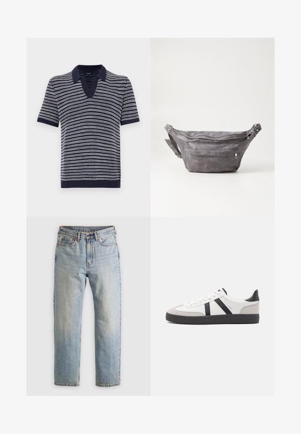 Tamsiai mėlyna polo marškinėliai su trumpomis rankovėmis ir V formos iškirpte, su horizontaliomis baltomis juostelėmis. Pagaminti iš minkšto trikotažo, su briaunotu apykakle ir hemu.; Šviesiai mėlynos džinsinės kelnės su aukštu liemeniu, priekyje mygtukas, užtrauktukas ir penkių kišenių dizainas, išklotos ant neutralios fono.; Balti sportbačiai su juodais ir pilkais akcentais, pasižymintys tekstūruotu pilku pirštų dangteliu, juoda gumine padais ir plokščiomis baltomis raišteliais. Švarus dizainas, minimalistinis stilius.; Pilkas suedes fanny pack'as apvalios formos, su dviem užtraukiamais skyreliais ir reguliuojama diržele. Yra metaliniai aksesuarai.