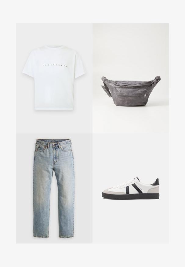 Witte katoenen t-shirt met korte mouwen en "JACK & JONES" gedrukt op de borst in kleine, gespreide zwarte letters.; Lichtblauwe denim jeans met hoge taille, frontknop, rits en vijfzakkenontwerp, plat gelegd op een neutrale achtergrond.; Witte sneaker met zwarte en grijze accenten, voorzien van een grijze neus met textuur, zwarte rubberen zool en platte witte veters. Schoon ontwerp, minimalistische stijl.; Grijze suède heuptas met een ronde vorm, twee met rits afgesloten compartimenten en een verstelbare band. Voorzien van metalen accenten.
