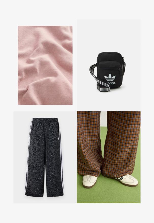 Pehme materjal, tekstuuriga roosa kangas koos kudumismustriga, näidates õrnu voldid ja langeb. Ideaalseks riiete või pehmete sisustuselementide jaoks.; adidas Originals GRAPHIC UNISEX - Dresside alumine osa - black; Pruunide ja siniste ruuduliste laiad püksid, mille juurde on kombineeritud valged kingad mustade aktsentidega ja tekstuursete taldadega, roheline taust.; Mustmust värvi risti koti, millel on tõmblukuga sulgemine, valge Adidas'i logo ja triibuline reguleeritav rihm mugavaks kandmiseks.