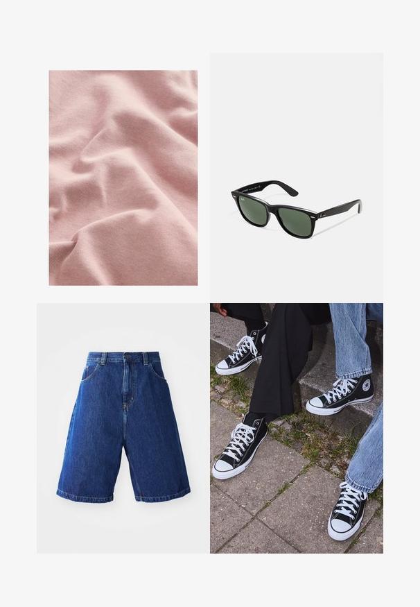 Weiches, strukturiertes pinkes Gewebe mit einem Strickmuster, das sanfte Falten und Drapierungen zeigt. Ideal für Kleidung oder weiche Einrichtungsgegenstände.; Jeansshorts mit blauer Waschung, hoher Taille, zwei Fronttaschen und gelben Nähten entlang der Nähte.; Schwarzecanvas-Sneaker mit hohem Schaft, weißen Gummisohlen und Schnürsenkeln, die ein rundes Logo an der Seite besitzen und mit Denim- sowie schwarzen Hosen kombiniert sind.; Schwarze Plastiksonnenbrille mit grünen Gläsern, quadratischen Rahmen, silbernem Akzent auf der Augenbraue und strukturierten Bügeln. Angegebene Marke auf dem inneren Bügel.