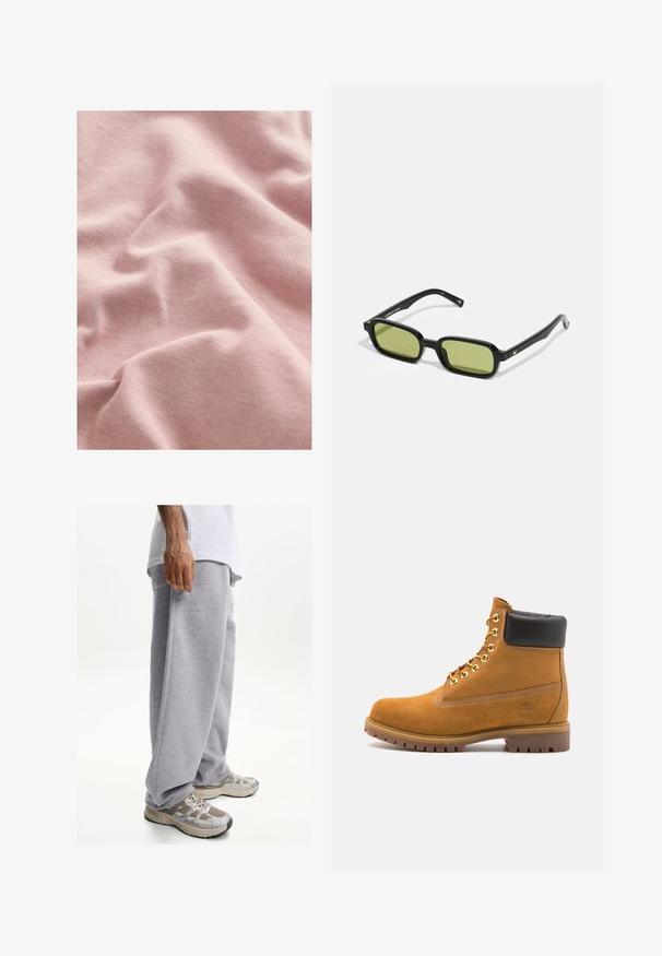 Tessuto rosa morbido e texurizzato con un motivo a maglia, che mostra pieghe e drappeggi delicati. Ideale per abbigliamento o arredi morbidi.; Pantaloni sportivi grigi realizzati in tessuto morbido, con una vestibilità ampia e una cintura elastica. Abbinati a scarpe da ginnastica beige e grigie.; Stivale alla caviglia in suede tan con collare imbottito nero, occhielli in metallo dorato, dettagli in cucitura bianca e suola in gomma robusta con battistrada pronunciato.; Occhiali da sole neri con un design angolare, lenti verdi e montatura in plastica liscia. Presentano dettagli dorati sulle stanghette.