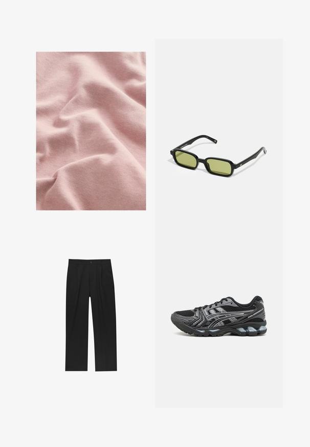 Měkká, texturovaná růžová látka s pleteným vzorem, zobrazující jemné záhyby a zakřivení. Ideální pro oblečení nebo měkké čalounění.; Černé kalhoty s rovnými nohavicemi, vyrobené z hladké tkaniny. Mají přední záhyby a jedno knoflíkové zapínání v pase.; Černá sportovní bota s vrchní částí ze síťoviny, stříbrnými akcenty a polstrovanou podrážkou. Obsahuje šněrovací design a texturovaný vzor pro lepší přilnavost.; Černé sluneční brýle s ostrým designem, zrcadlové zelené skla a hladké plastové rámy. Na spáncích mají zlaté detaily.