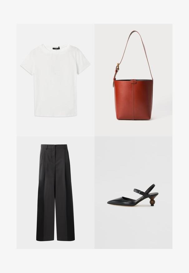 Fehér, rövid ujjú póló, puha pamutból készült, kerek nyakkivágással és egyenes szegéllyel, látható minták vagy díszítések nélkül.; Fekete, bő szárú nadrág magas derékkal, elöl plissékkel, sima felülettel és igényes kidolgozással. Kényelmes viseletre tervezve.; Fekete bőr szandálcipő hegyes orral, íves kialakítással és kerek, fára hasonlító sarokkal. Keskeny bokapánttal rendelkezik.; Barna bőr vödör táska állítható vállpánttal és aranyszínű csattal, egyszerű függőleges varrással az elején.