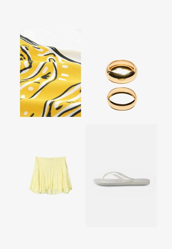 Rumena tkanina z abstraktnimi črnimi in belimi vzorci. Material ima gladko teksturo in prikazuje ukrivljene linije ter pike v igrivem oblikovanju.; Rumena razširjena krila iz teksturirane tkanine, ki se ponaša z večplastno zasnovo in nekoliko neenakomernim robom. Lahka in zračna videz.; Bela natikača s teksturirano podplatom, koja ima tanke trakice i ravni dizajn. Napravljena od gume s suptilnim logotipom na ulošku.; Dva zlatna prstena sta prikazana, jedan je debeo i zaobljen, a drugi tanak i ravan. Obe imaju glatku, sjajnu površinu sa sjajnim završnim obradom.