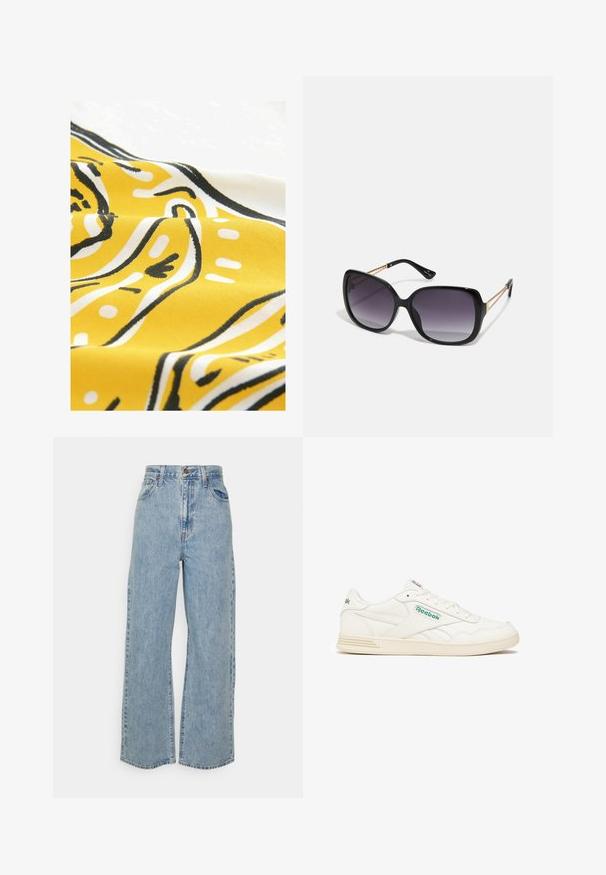 Gelbe Stoff mit abstrakten Mustern in Schwarz und Weiß. Das Material hat eine glatte Textur und zeigt geschwungene Linien und Punkte in einem verspielten Design.; Hellblaue, weit geschnittene Jeans mit hoher Taille, vorderem Knopf, Reißverschluss und Fünf-Taschen-Design auf neutralem Hintergrund.; Reebok Classic NON COURT ADVANCE - Sneaker low - chalk dark green flash red; Schwarze übergroße Sonnenbrille mit getönten Gläsern, dicken Rahmen und goldfarbener Kettendetaillierung an den Bügeln.