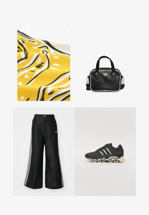 Tela amarilla con patrones abstractos en negro y blanco. El material tiene una textura suave, mostrando líneas curvas y puntos en un diseño juguetón.; Pantalones de denim anchos y negros con tres franjas blancas en cada lado y un pequeño logo blanco. Cuenta con bolsillos frontales y un cierre de botón.; Zapatilla deportiva negra con parte superior texturizada, tres rayas plateadas y una suela de amortiguación distintiva que presenta múltiples secciones integradas.; Bolso de mano de cuero negro con dos asas cortas, herrajes plateados, detalles en blanco y un logotipo blanco. Presenta una superficie texturada y un diseño compacto.