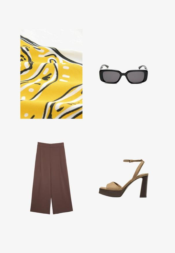 Gelbe Stoff mit abstrakten Mustern in Schwarz und Weiß. Das Material hat eine glatte Textur und zeigt geschwungene Linien und Punkte in einem verspielten Design.; Braune Weite-Leg-Hosen mit einer glatten Textur, hoher Taille und Vorderfalten. Der Stoff ist leicht und fällt locker.; Beige Wildleder-Pumps mit hohem Absatz, breitem Vorderband und Knöchelriemen, ausgestattet mit einem klobigen Holzblockabsatz mit strukturiertem Finish.; Schwarze rechteckige Sonnenbrille mit dunklen Gläsern, glattem Kunststoffrahmen und gebogenen Bügeln. Das Design ist klobig mit einer minimalistischen Ästhetik.