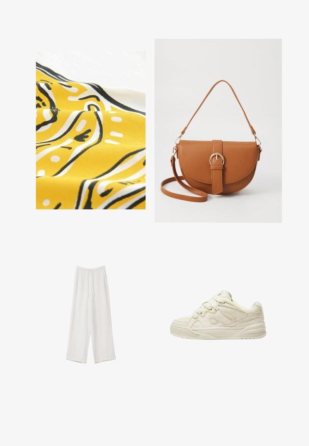Żółty materiał z czarnymi i białymi abstrakcyjnymi wzorami. Tkanina ma gładką strukturę, prezentując krzywe linie i kropki w zabawnym wzornictwie.; Białe spodnie o szerokich nogawkach wykonane z lekkiego materiału. Posiadają elastyczny pas z sznurkiem i boczne kieszenie. Gładka tekstura.; Beżowe trampki z teksturowaną cholewką, wyraźnymi sznurowadłami, siateczkowymi panelami i grubą podeszwą. Krzywy design z wyściółką w okolicy kostki dla komfortu.; Brązowa skórzana torba na ramię o zaokrąglonym kształcie, ze złotymi akcentami i zapięciem w formie klamry. Posiada odpinany pasek na ramię.