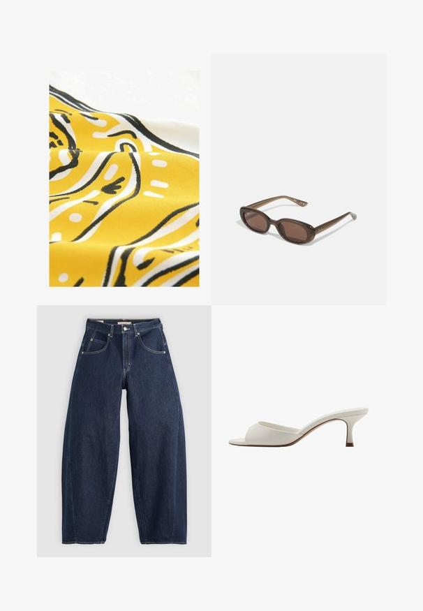 Geel stof met zwart-witte abstracte patronen. Het materiaal heeft een gladde textuur en vertoont gebogen lijnen en stippen in een speels ontwerp.; Donkerblauwe denim jeans met een losse fit, lichte stiksels, vijf zakken en een knoopsluiting op de taille.; Witte open-toed hoge hakken met een gladde afwerking, minimalistisch ontwerp en een slanke hak, met een subtiele bruine accent op de zool.; Brown ovalen zonnebrillen met donkere lenzen. Het montuur is gemaakt van doorzichtig bruin materiaal en heeft een logo dat op de slapen is gedrukt.; Groeneleren handtas met een gladde textuur, gebogen vorm en gevlochten handvat. Beschikt over een ritsluiting en een verstelbare schouderband.