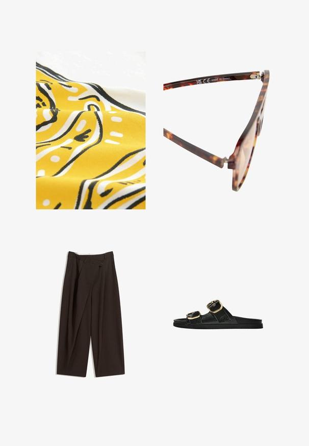 Rumena tkanina z abstraktnimi črnimi in belimi vzorci. Material ima gladko teksturo in prikazuje ukrivljene linije ter pike v igrivem oblikovanju.; Temno rjave široke hlače z visokim pasom, ki imajo en gumb za zapiranje in zamaščen sprednji del. Narejene so iz lahkega blaga.; Črne drsne sandale z dvema zlatima zaponkama, gladkega materiala, ravnim podplatom in minimalističnim dizajnom.; Očala s vzorcem želvje školjke z rjavimi lečami, plastičnim okvirjem in subtilnimi kovinskimi detajli na tečajih. Proizvedeno na Kitajskem.