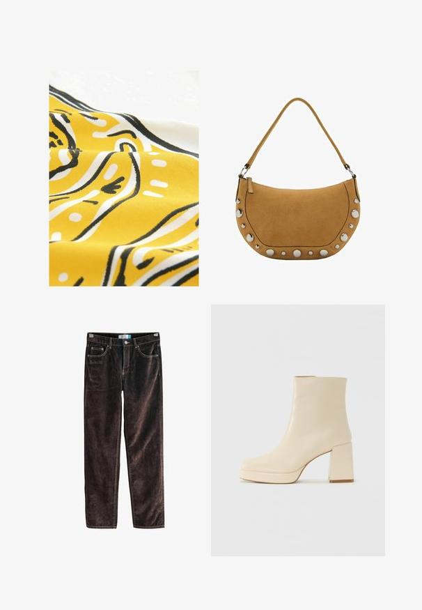 Žlutá látka s abstraktními vzory v černé a bílé barvě. Materiál má hladkou texturu a vykazuje zakřivené čáry a tečky v hravém designu.; Hnědé sametové kalhoty rovného střihu s pěti kapsami, kontrastním prošíváním a knoflíkovým zapínáním v pase. Měkká textura s ribbed vzorem.; Béžová kožená kotníková bota s blokovým podpatkem a platformovou podrážkou, hladký povrch a mírně čtvercová špička, otočená vlevo na bílém pozadí.; Semišová kabelka ve tvaru půlměsíce v hnědé barvě, vybavená vrchním zipem, dlouhým ramenním popruhem a metalickými hroty podél spodního okraje.