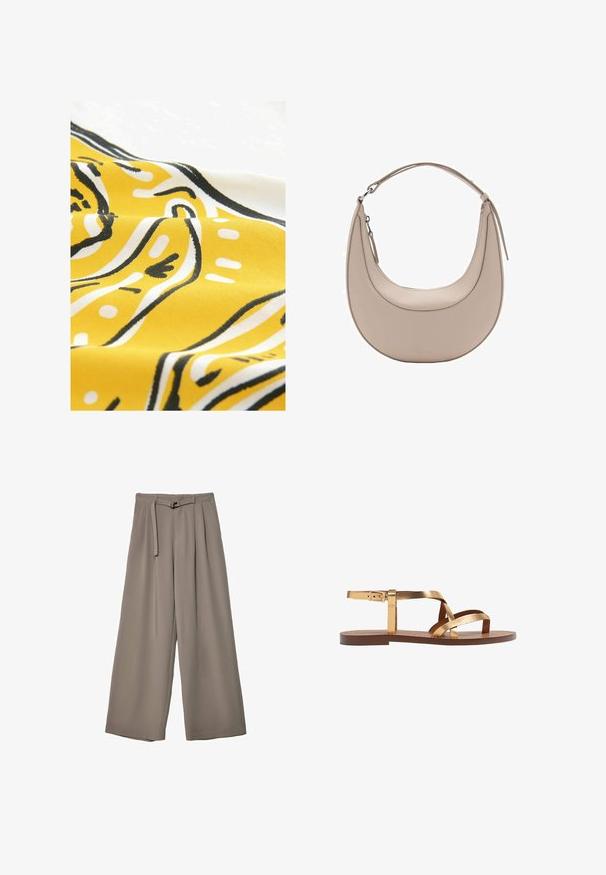 Gul stof med sort og hvid abstrakt mønster. Materialet har en glat tekstur og viser buede linjer og prikker i et legende design.; Vide ben bukser i et blødt, afdæmpet grå stof, med en bælte i taljen og plisseringer for ekstra designdetalje. Glat tekstur, ingen mønstre.; Guldmetalliske flade sandaler med flere brede stropper, en spændeankelrem og en brun flad sål. Glat tekstur hele vejen igennem.; Beige læder skuldertaske med en halvmåneform, glat overflade og et enkelt buet håndtag. Har en lynlåslukning og pæne syninger.