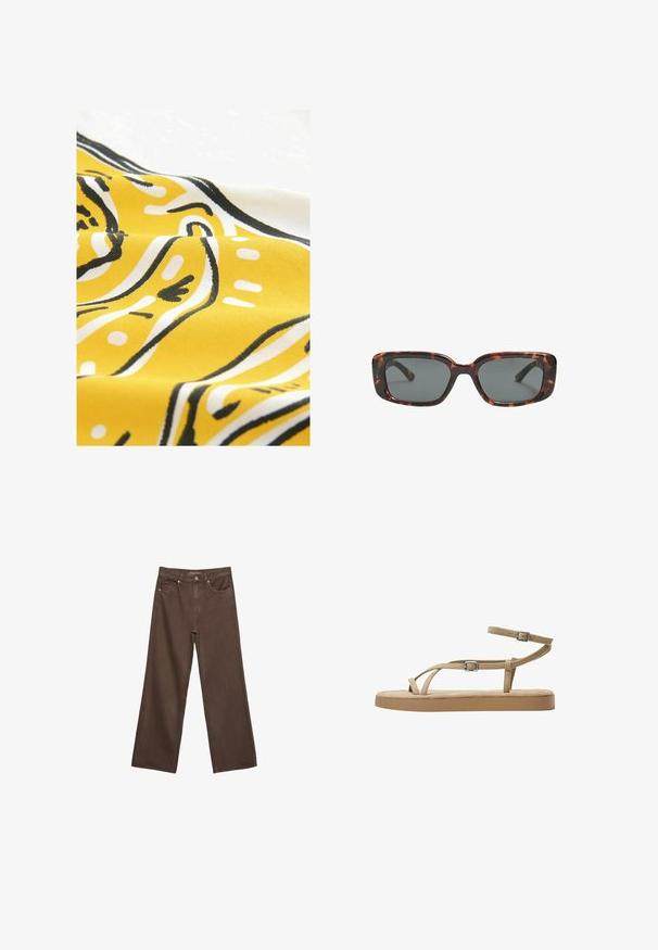 Gul stof med sort og hvid abstrakt mønster. Materialet har en glat tekstur og viser buede linjer og prikker i et legende design.; Bredde ben brun denim jeans med høj talje, forlommer og klassisk knaplukning. Glat tekstur med diskret syninger.; Brune sandaler med slanke stropper, spænde detaljer og en polstret sål. Stropperne er lavet af et blødt materiale, der er designet til komfort og åndbarhed.; Skildpaddedesolbriller med rektangulære linser, tykke stel og mørkt tonede linser. Glat tekstur og minimalistisk design.