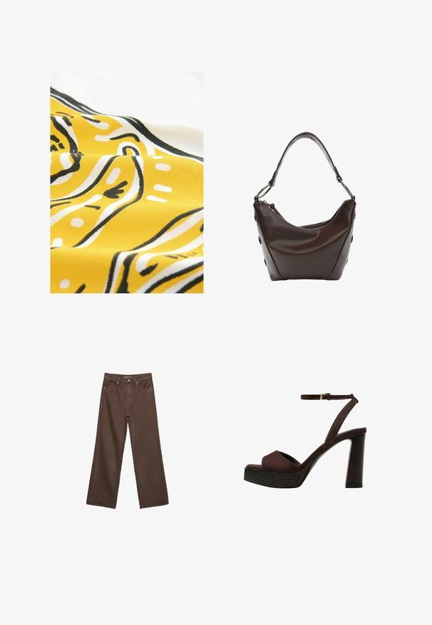 Keltainen kangas, jossa on mustavalkoisia abstrakteja kuvioita. Materiaali on sileä, ja siinä näkyy leikkisiä, kaarevia viivoja ja pisteitä.; Leviittävät ruskeat farkut, jotka on valmistettu denimistä, korkea vyötärö, etutaskut ja klassinen nappikiinnitys. Silkkinen pinta hienovaraisella ompelutyöllä.; Ruske kožne sandale s visokom potpeticom, otvorenim prstima, podesivim kopčanjem oko gležnja i prugastim platformskim đonom.; Tumma ruskea nahkalaukku, jossa on kaareva muoto, vetoketjusuljenta ja lyhyt kahva. Varustettu metalliosilla ja koristeellisilla mustilla nappuloilla sivuilla.