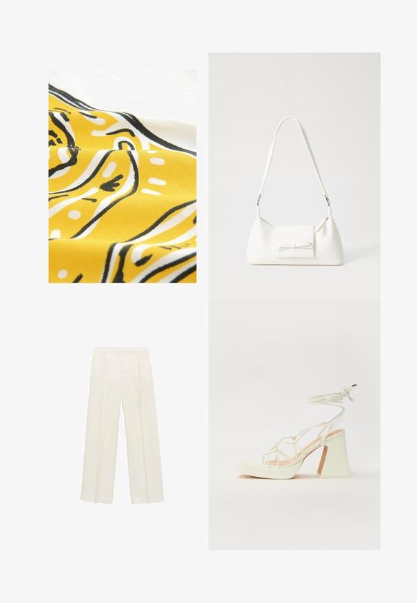 Tessuto giallo con motivi astratti in bianco e nero. Il materiale ha una superficie liscia, con linee curve e punti in un design giocoso.; Pantaloni a gamba larga di un leggero colore crema. Realizzati in un tessuto morbido con pieghe sul davanti e tasche laterali.; Sandalo bianco con tacco alto, caratterizzato da un design a cinturini e un legaccio alla caviglia. Texture liscia con una piattaforma frontale per un'altezza aggiuntiva.; Borsa sintetica bianca a forma triangolare, con patta anteriore piatta e dettaglio a fiocco, tracolla regolabile, texture liscia e design minimalista.