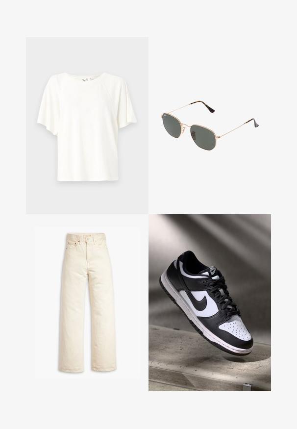 T-shirt blanc à manches courtes en tissu doux, avec une coupe décontractée, un col rond et un détail logo subtil sur la poitrine.; Jean large beige en denim de coton. Comprend une taille haute, une fermeture à bouton et un design à cinq poches. Texture lisse et durable.; Sneaker Nike Dunk Low en noir et blanc avec tige en cuir, boîte à orteils perforée et lacets noirs, dotée d'une semelle blanche et d'accents de logo.; Lunettes de soleil en métal doré avec des verres vert foncé, de style aviateur, dotées de branches fines et d'accents en écaille de tortue sur les embouts.; Sac en simili cuir matelassé noir avec une chaîne, arborant un motif hexagonal et un détail décoratif en forme d'ailes à l'avant.