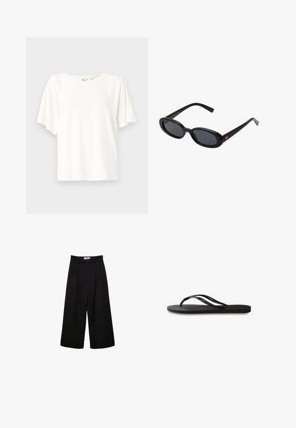 White short-sleeve t-shirt made of soft fabric, featuring a relaxed fit, round neckline, and subtle logo detail on the chest.; Black wide-leg trousers with a high waist, pleated front, and button closure. Made from smooth fabric with a tailored design.; Black flip-flop featuring a textured rubber sole, two slender straps, and a subtle, embossed logo detail on the strap.; Black oversized sunglasses with oval lenses, smooth plastic frame, and gold accents on temple. Dark lenses provide sun protection.